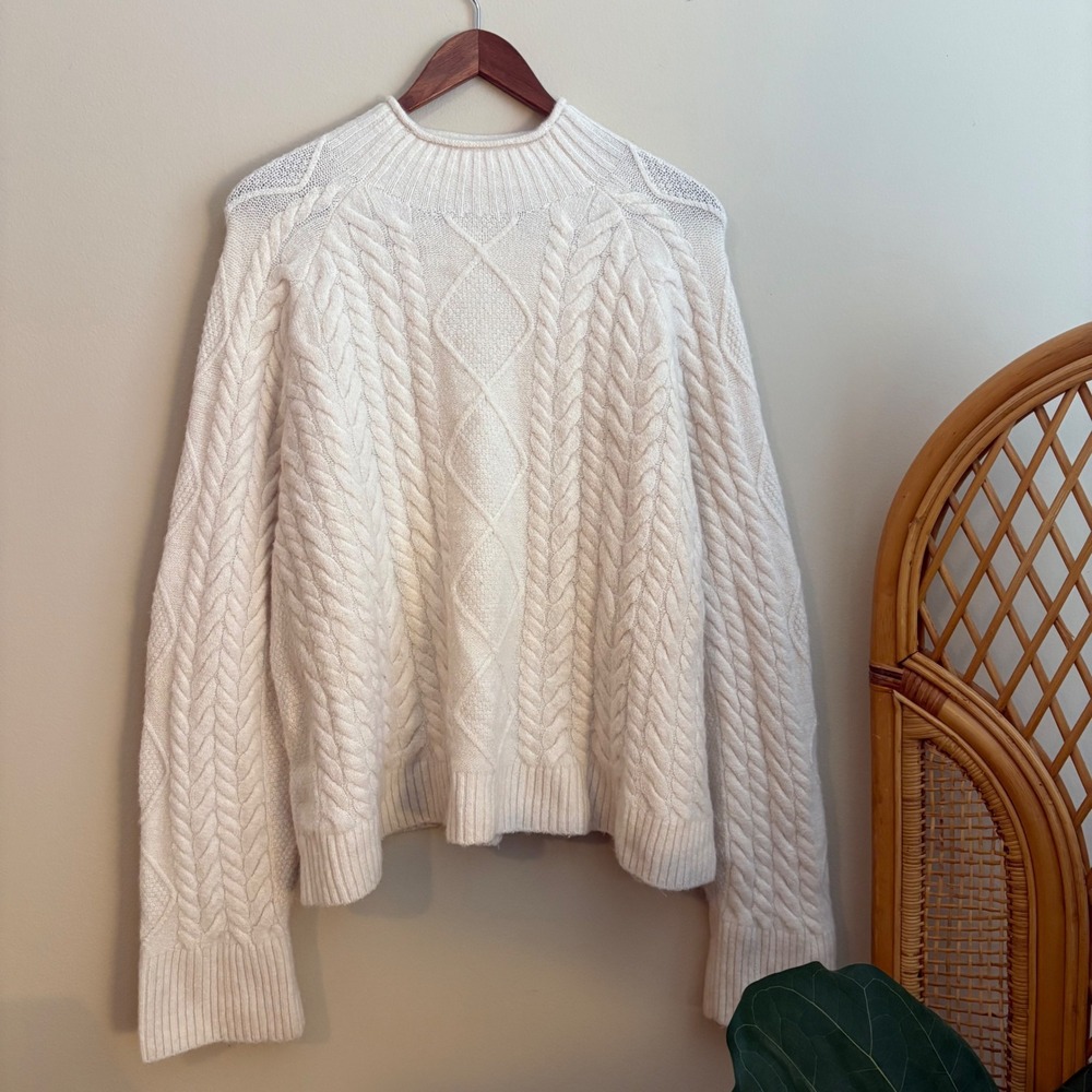 J. Crew Preppy Style Alpaca Wool Blend Cable Knit Fishermans Mock Neck Sweater
